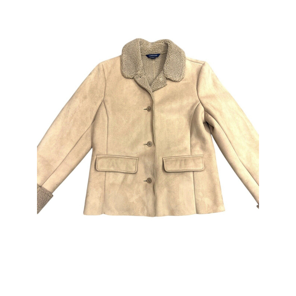 Lands End Faux Suede Sherpa Fleece Soft Barn Coat Small 6/8 Cream Beige utility